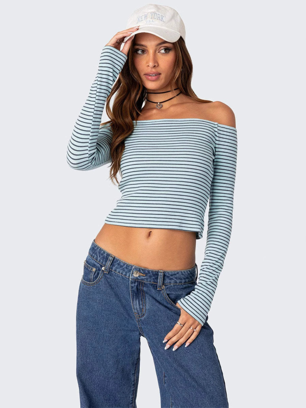 Zara Striped Off Shoulder Slim Fit Long Sleeve Push Up Top